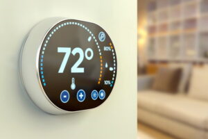 Smart thermostat on the wall in a home.