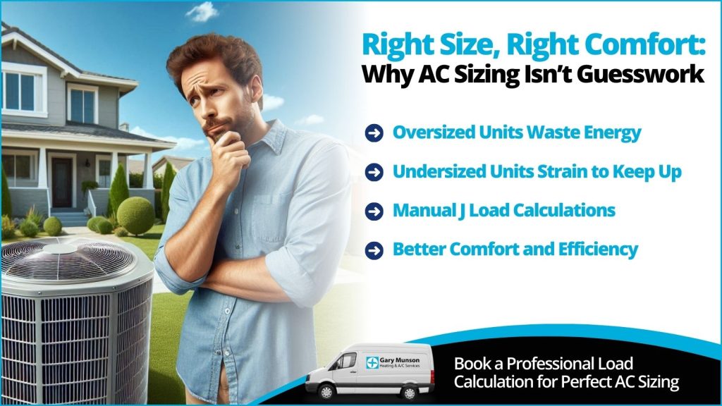 This is an image of a homeowner pondering the size of his AC unit in front of his house. The headline reads right size, right comfort: Why AC sizing isn't guess work.