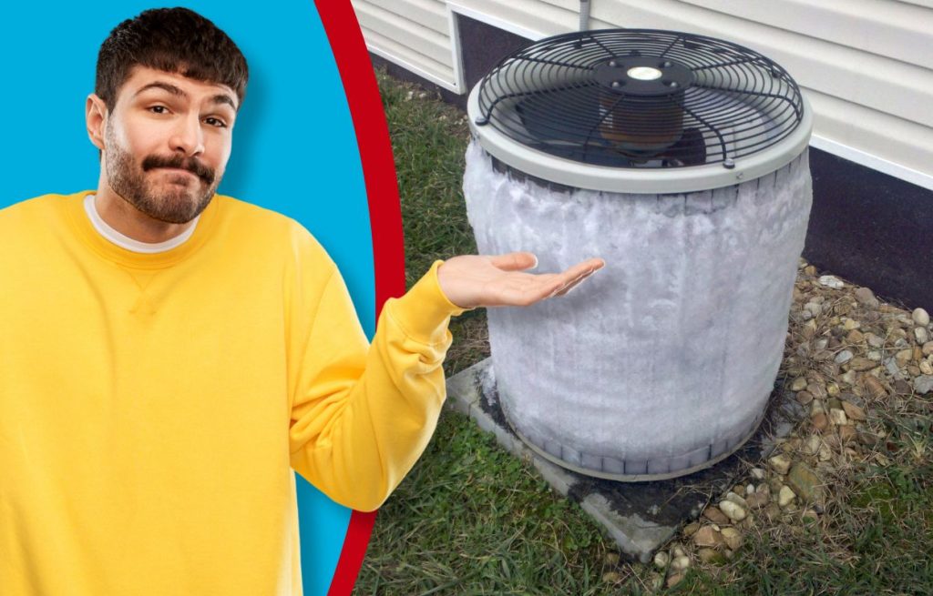 This is a frozen ac unit with a man standing in front of it with his hand up in confusion.