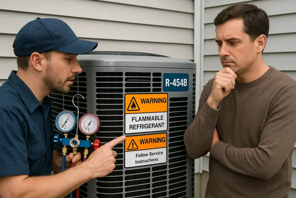 Technician pointing out new R‑454B refrigerant and safety tags on AC condenser to homeowner