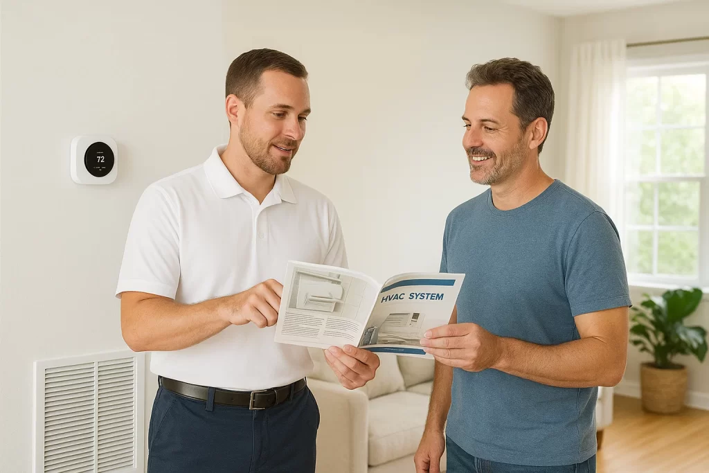 Homeowner and HVAC technician reviewing system options next to smart thermostat in Florida home