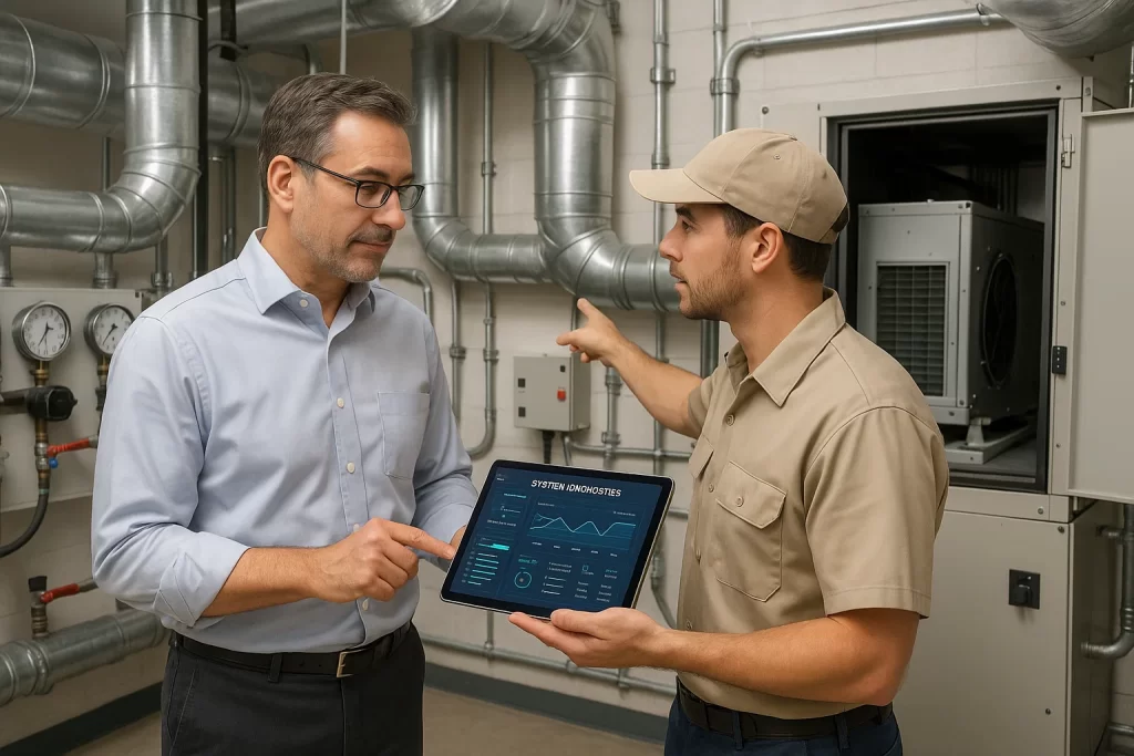 Commercial building manager and HVAC technician reviewing rooftop system diagnostics