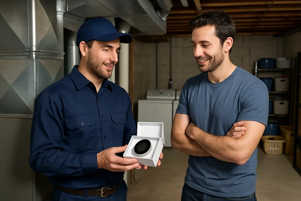 An HVAC technician and a homeowner standing in the basement discussing a smart thermostat
