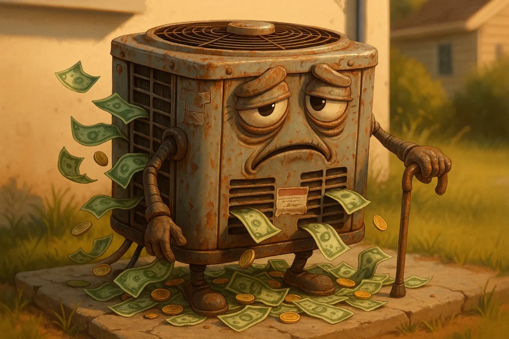 An Anthropomorphic AC unit with money pouring out of it.