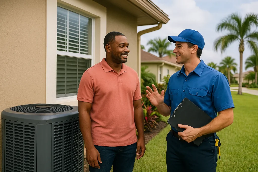 An homeowner and HVAC tech on the side of the house discussing maintenance.
