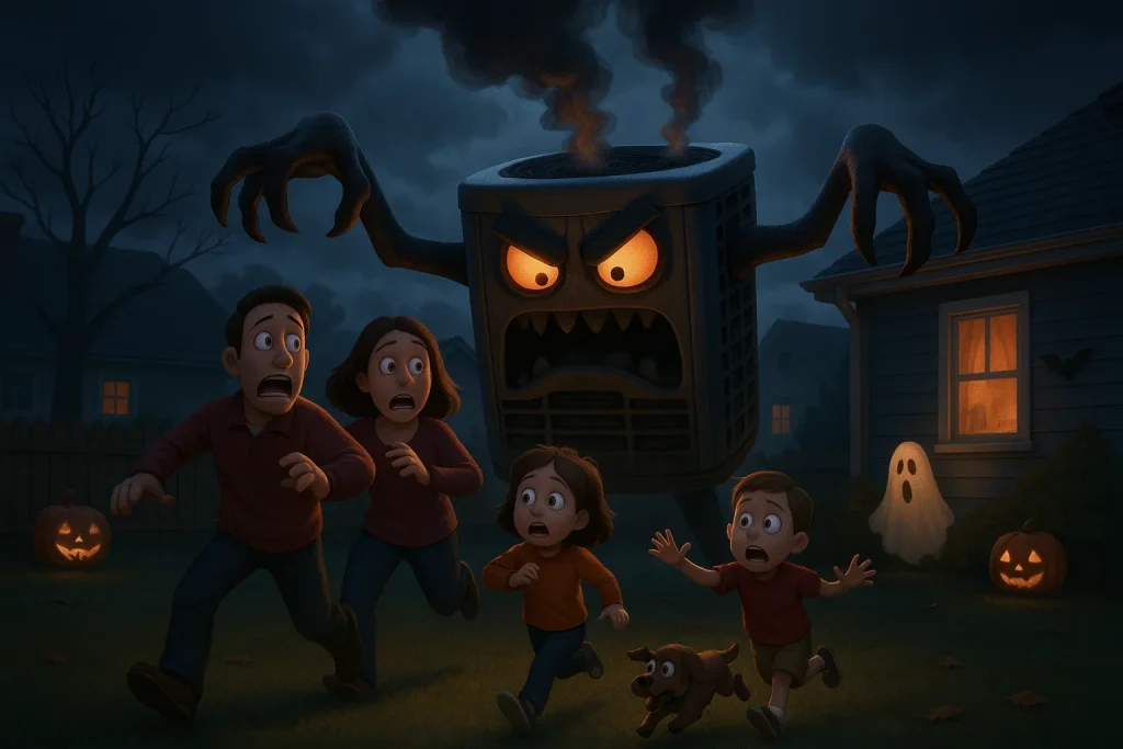 A cartoony image of a family running from an AC unit that turned into a monster.