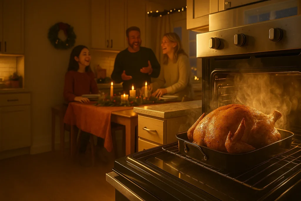 Holiday kitchen in Lake Nona with turkey roasting in oven, showing family gathering and clean air being filtered by an air purifier.
