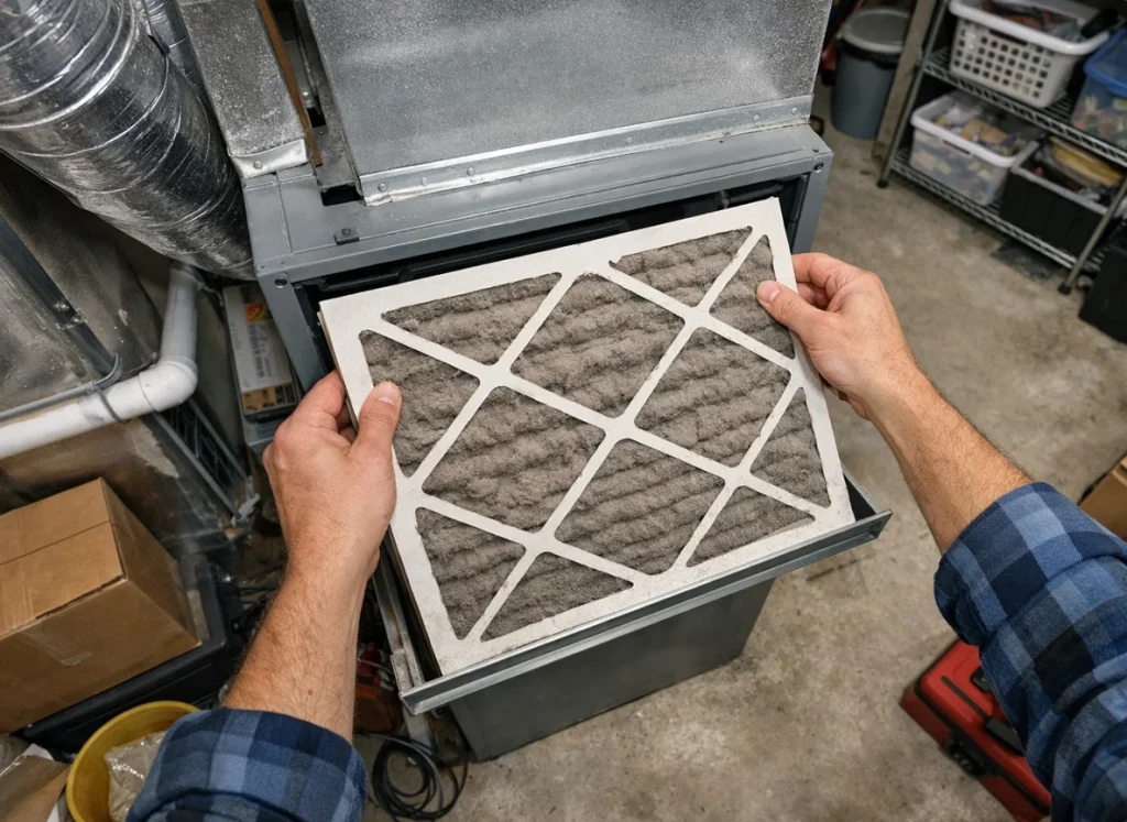 Homeowner replacing a high‑efficiency HVAC air filter to improve indoor air quality and reduce allergens.