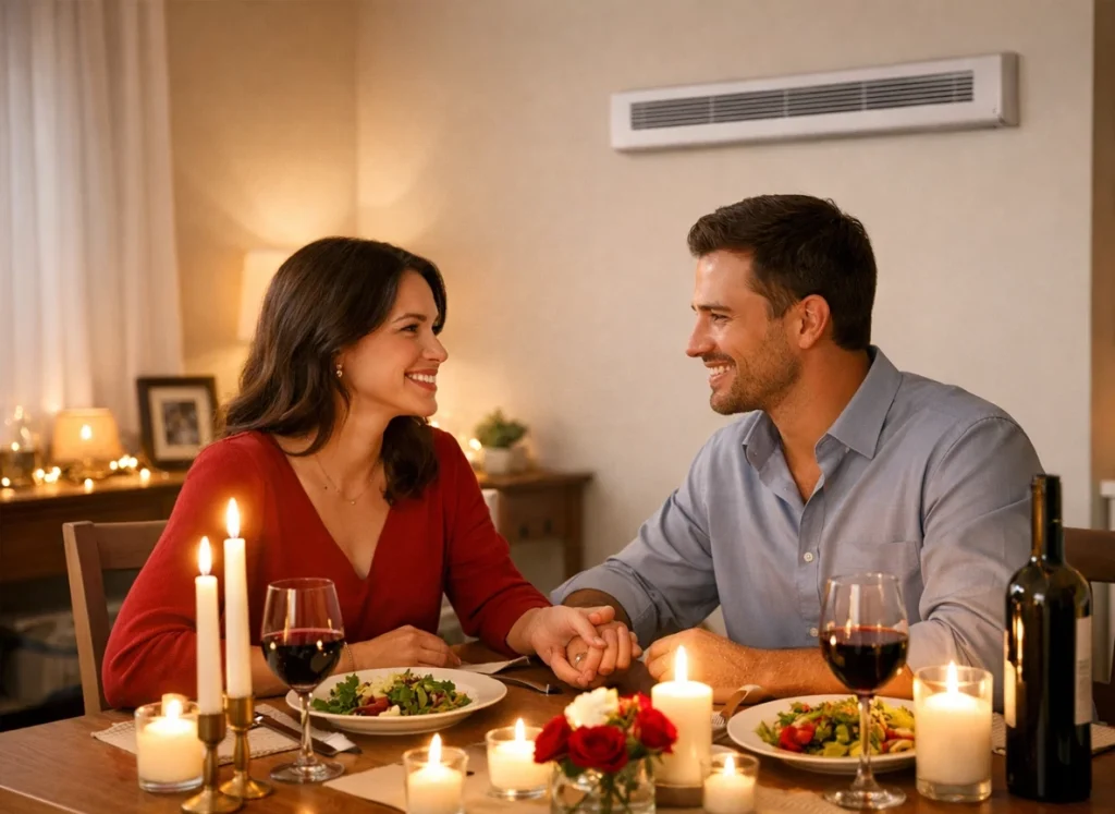 Couple enjoying a cozy Valentine’s dinner at home with clean indoor air
