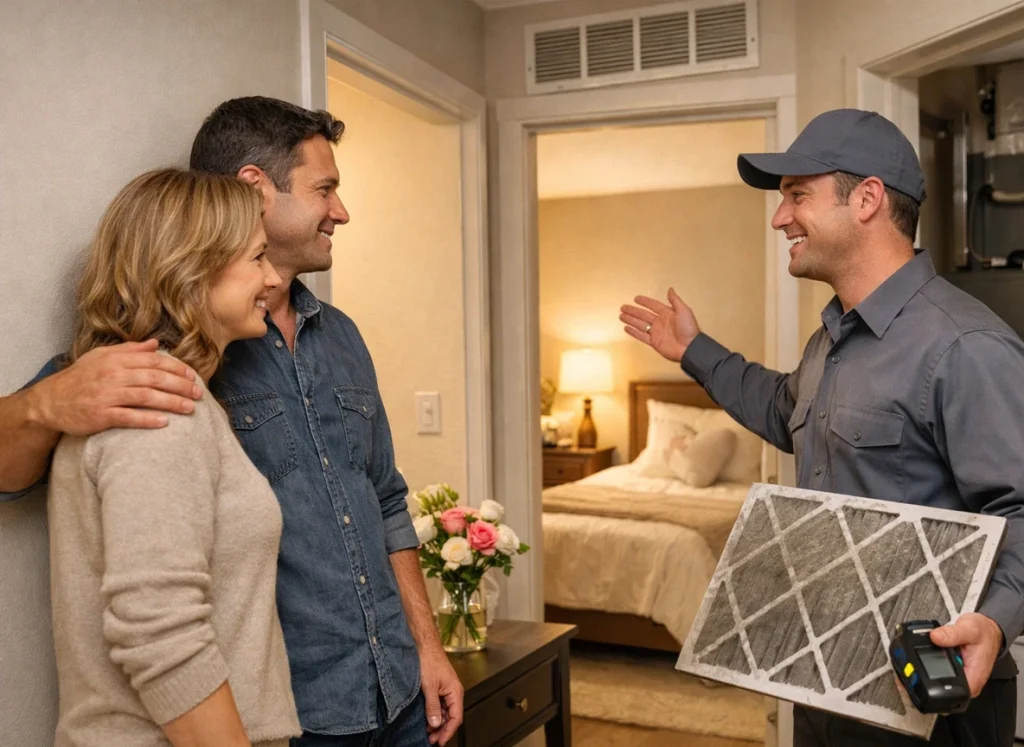 Couple with HVAC technician restoring even comfort and fresh air in Lake Nona FL home