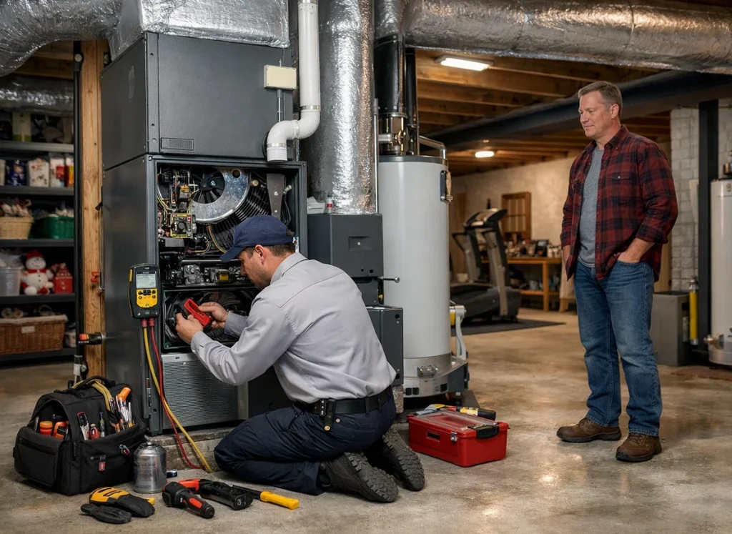 HVAC technician performing mid-season tune-up in living room