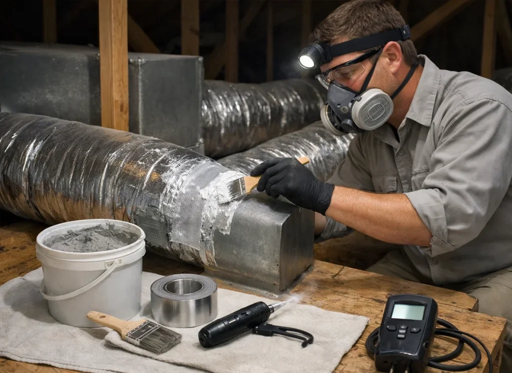 HVAC technician sealing duct leaks with mastic to reduce allergens in Winter Park Florida home