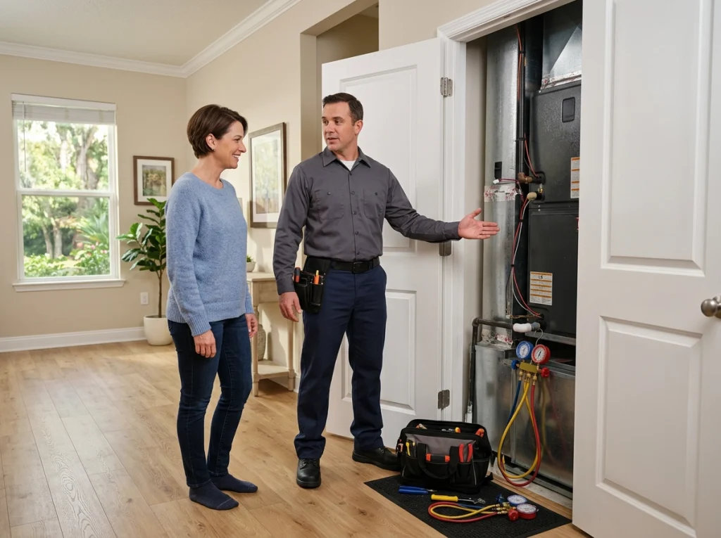 Orlando homeowner discussing heating repair with HVAC technician