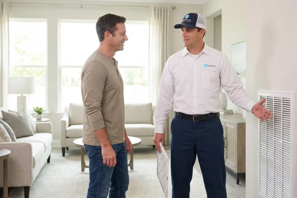 Lake Nona homeowner discussing HVAC filter changes for allergy season