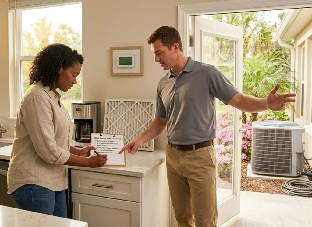 Spring HVAC checklist with homeowner and technician in St. Cloud home