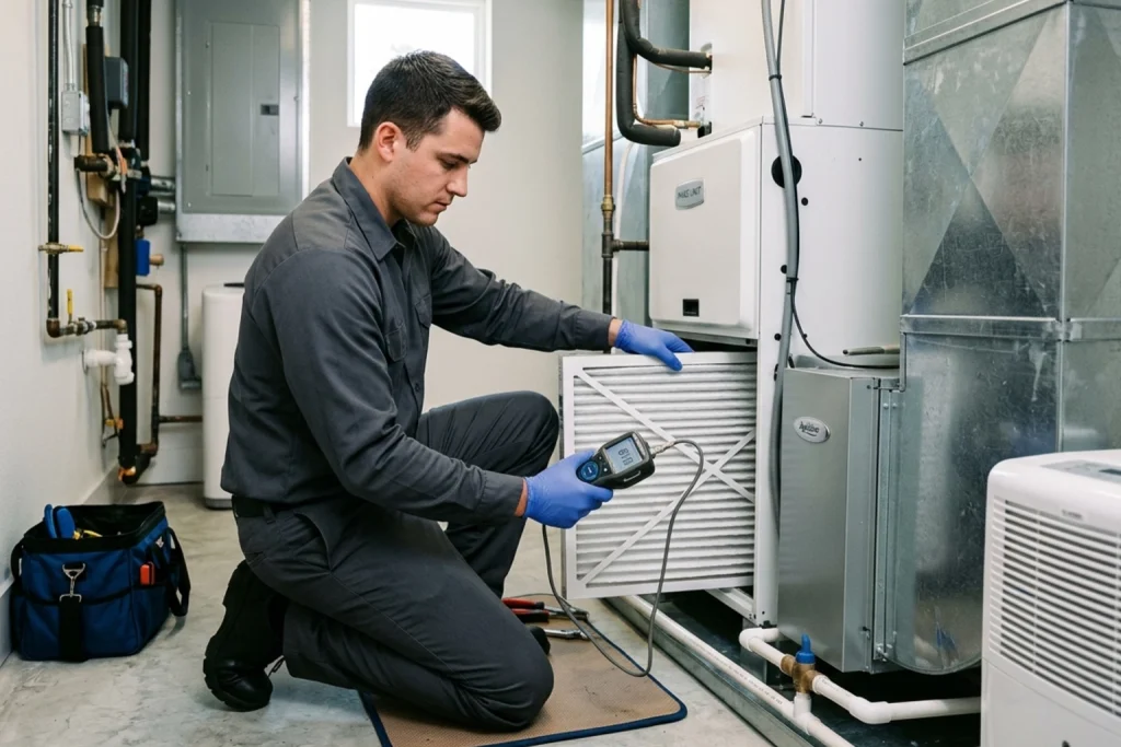 HVAC technician improving indoor air quality for allergies