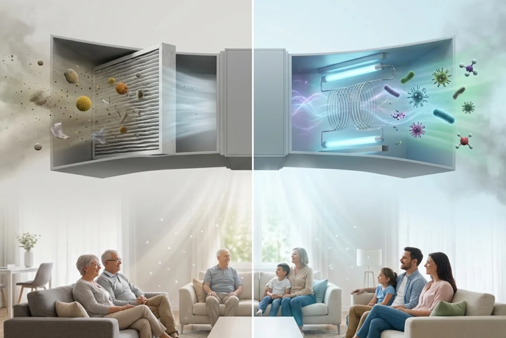 Split-view comparison of air filtration capturing dust and pollen on the left versus air purification neutralizing bacteria and viruses on the right, with a family relaxing in a clean modern living room.