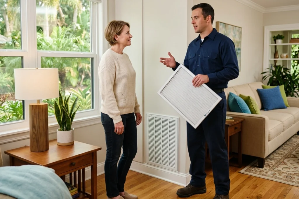 Homeowner discussing indoor air quality solutions