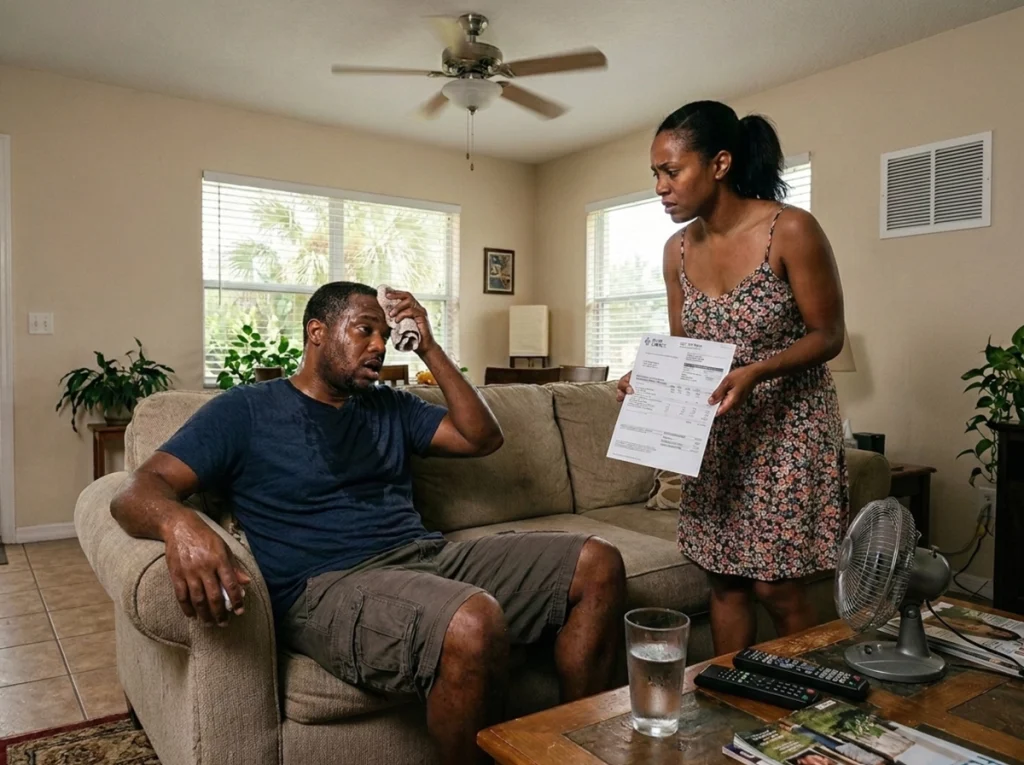 A visibly hot homeowner being handed a high electric belt by his wife while he's sitting on the couch sweating.
