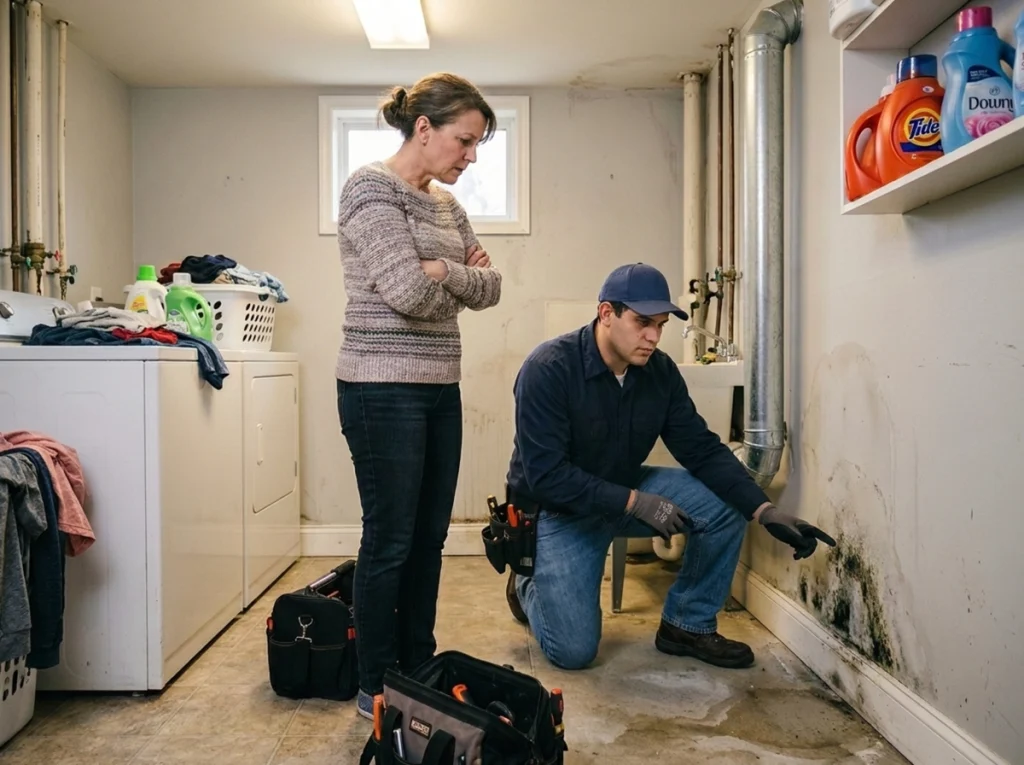 HVAC technician showing the homeowner the results of high humidity in a home.