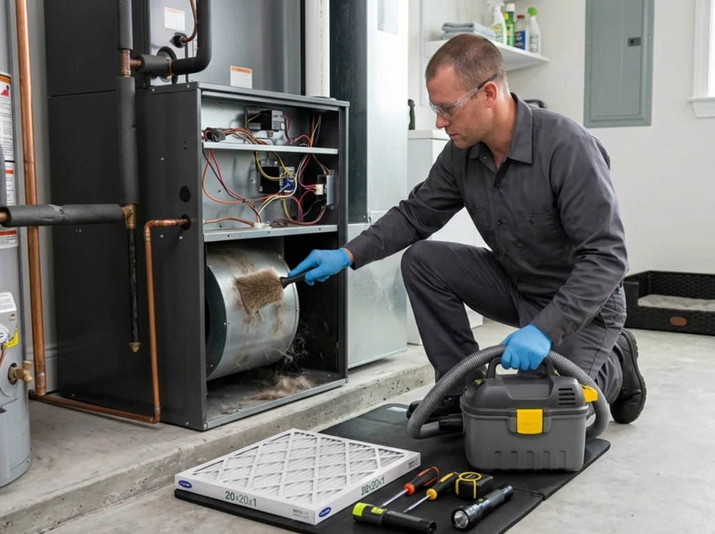 HVAC technician cleaning pet hair from a residential air handler