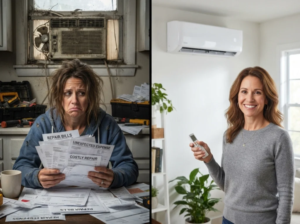 A split screen image of a woman on one side with an old AC unit that is costing a fortune and a woman on the other side with a brand new one who is obviously happy.
