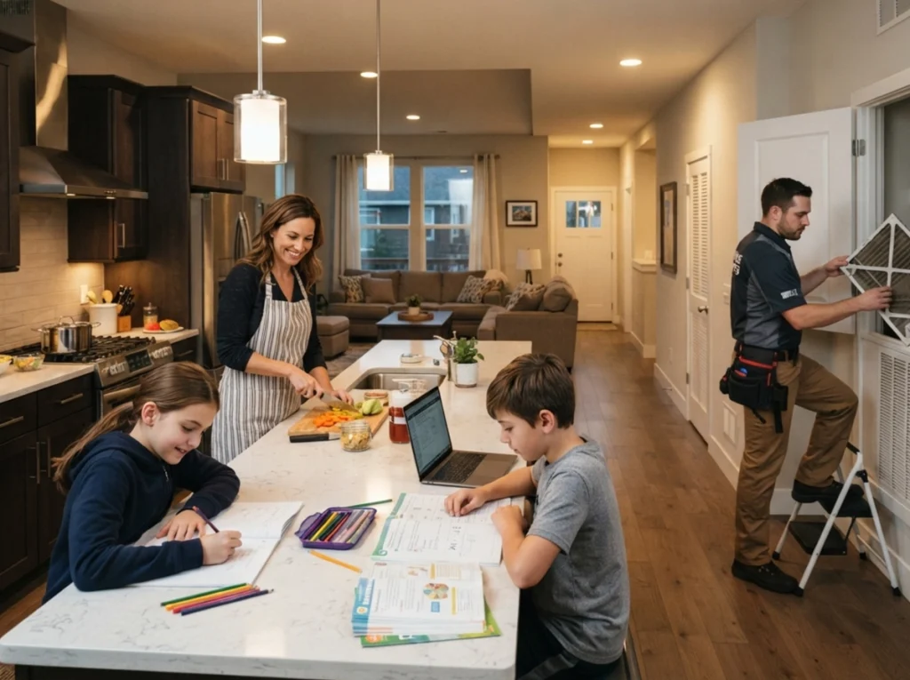 Kids doing homework while an HVAC tech changes air filters.