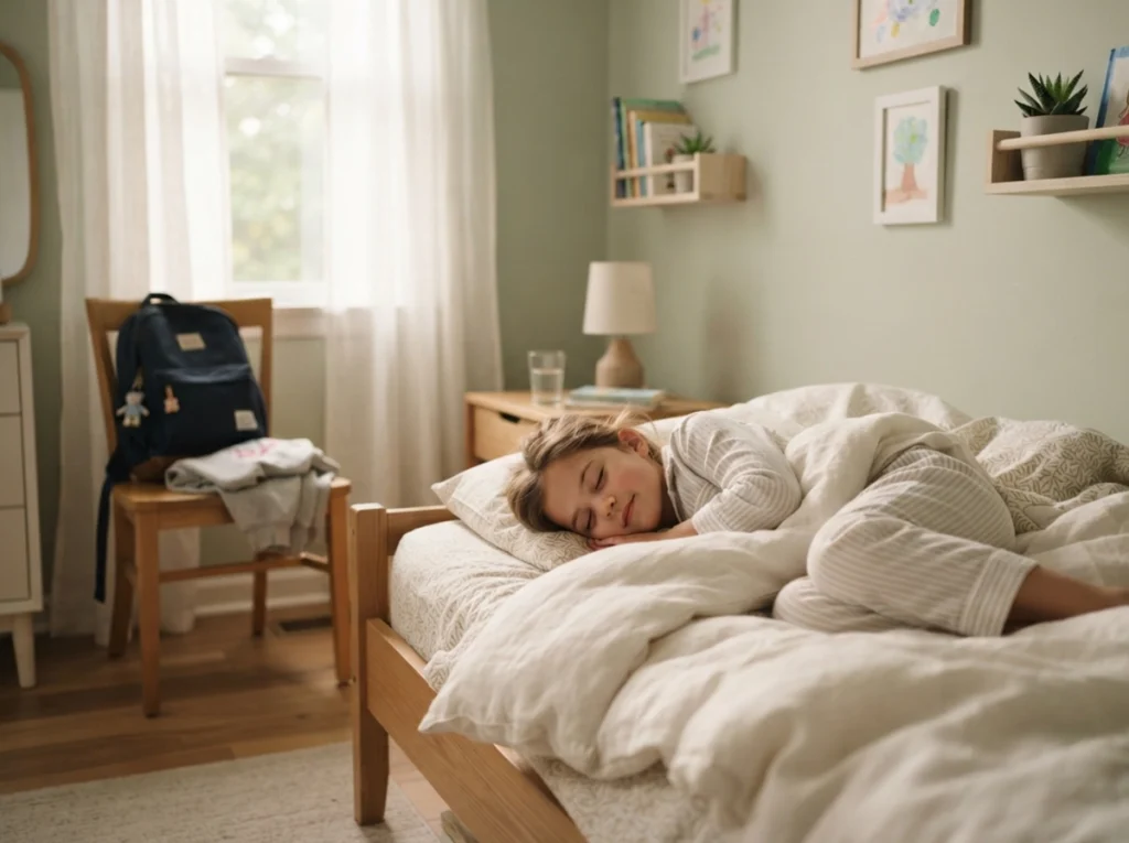 Child sleeping peacefully in a clean, sunlit bedroom