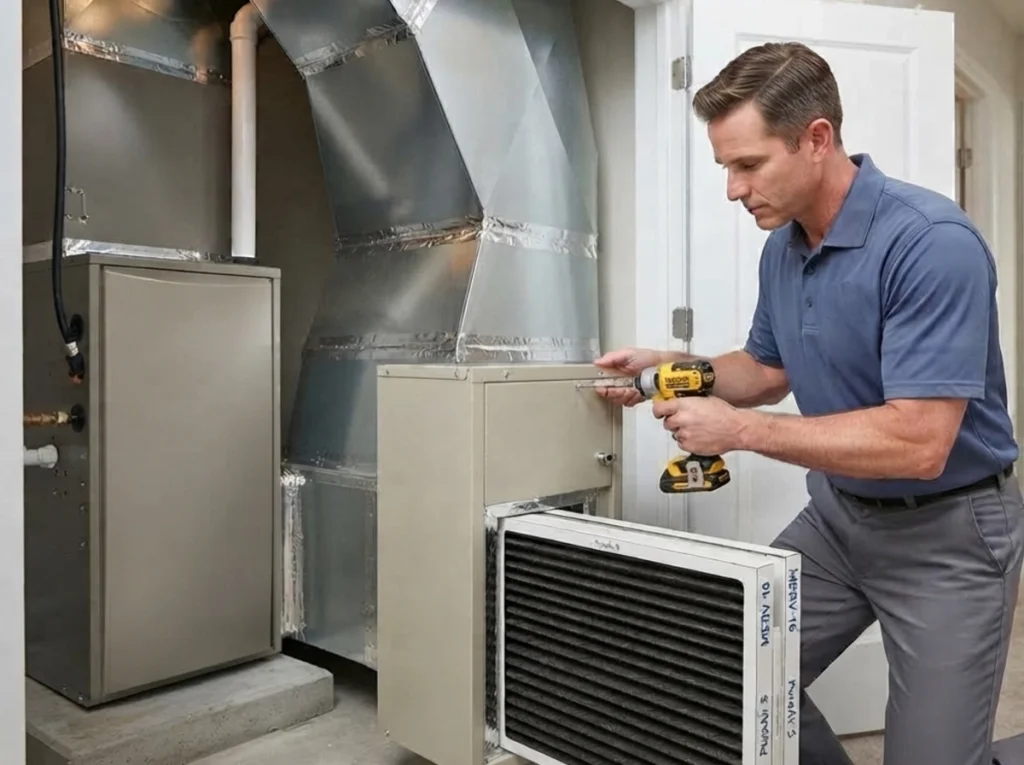 HVAC technician installing a whole-house air purifier in a Lake Nona home
