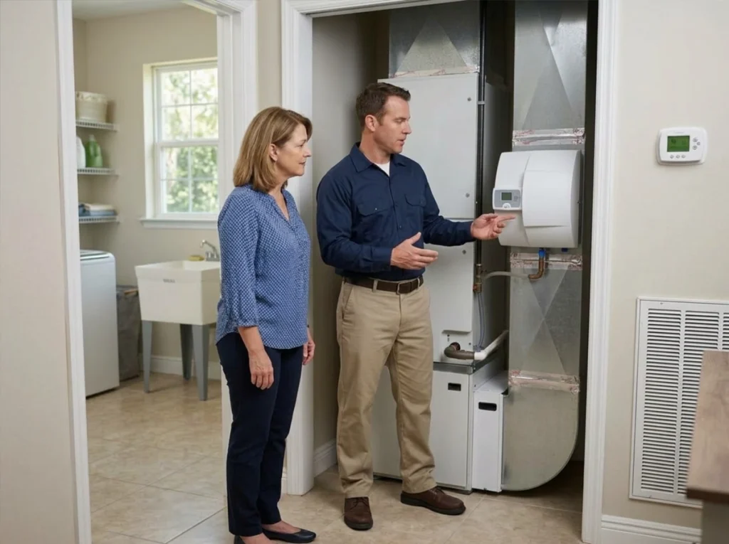 Oviedo homeowner discussing dry indoor air with HVAC technician