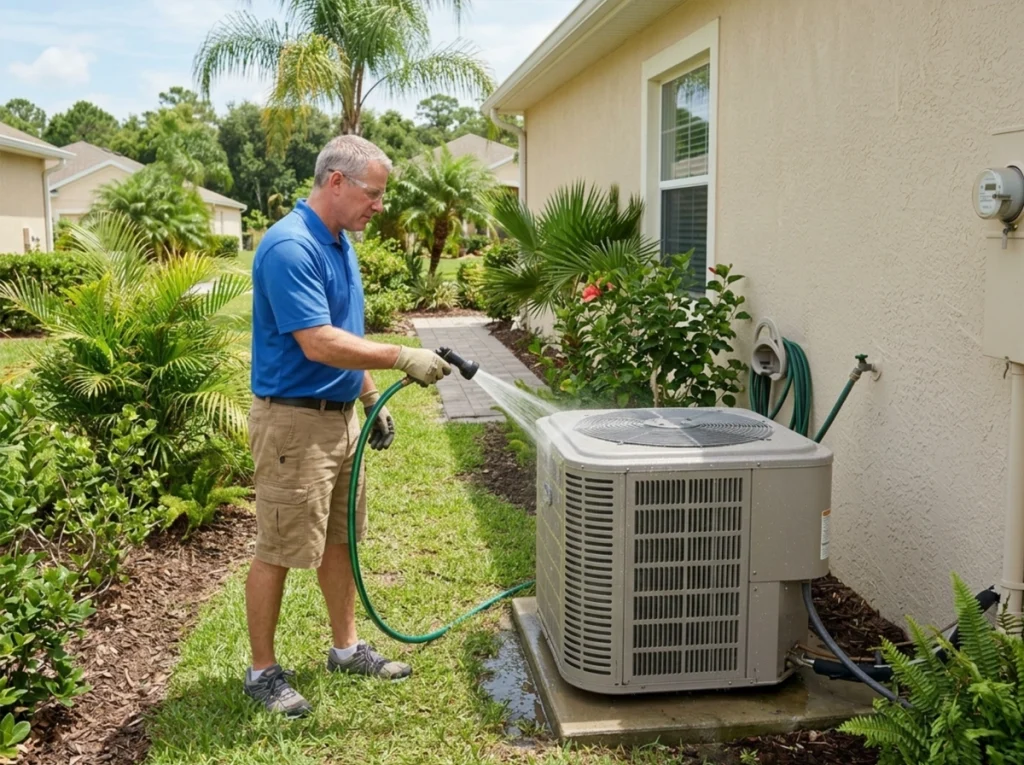 A homeowner in Orlando FL cleaning his AC unit for the fall.