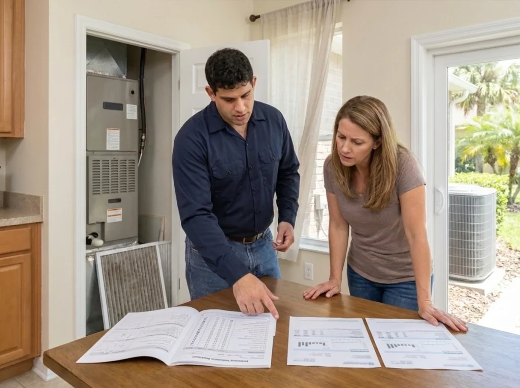 Orlando homeowner reviewing high energy bills and HVAC efficiency concerns