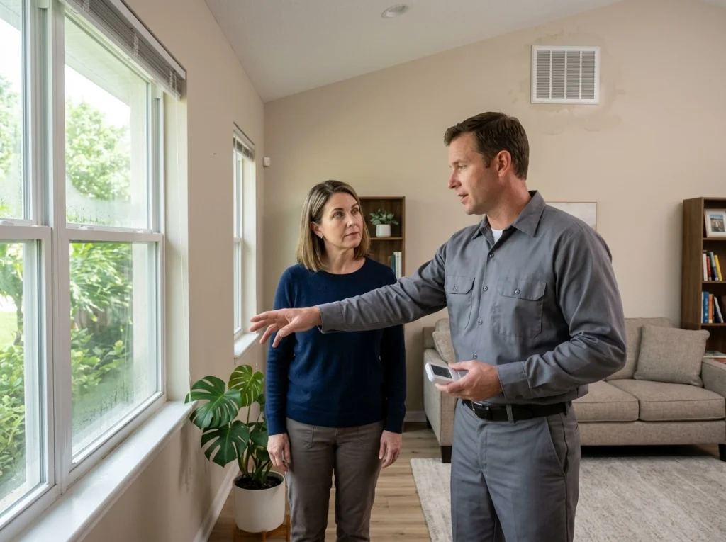 St. Cloud homeowner discussing indoor humidity and moisture warning signs with HVAC technician